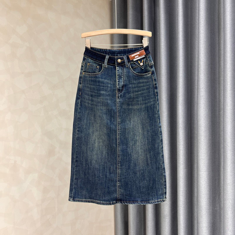 Contrasting color high waist denim skirt women's autumn new style thin all-match rear slit retro high waist bag hip long skirt - EHAORUI