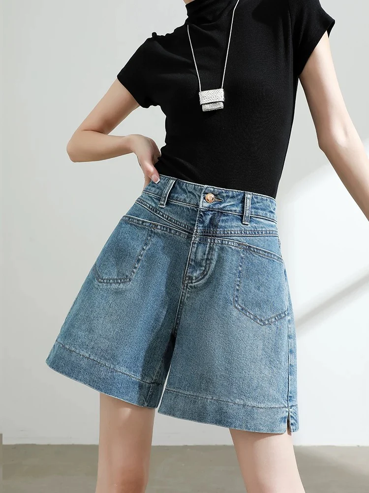 Blue denim shorts women's 2025 summer thin slim loose versatile a-line high waist retro wide leg hot pants - EHAORUI