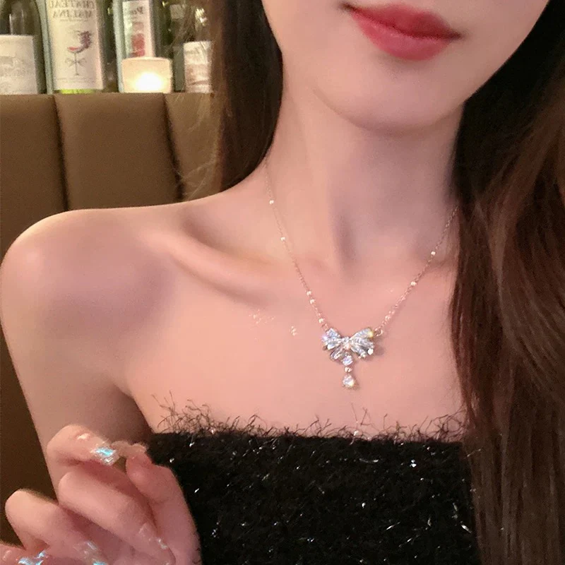 Fairy tears! 925 silver micro-paved zircon bow water drop necklace light luxury niche design high-end necklace - EHAORUI