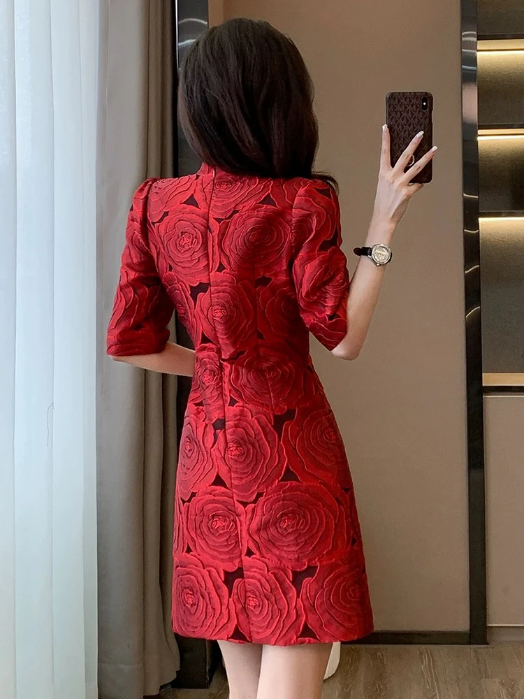 New Chinese style red jacquard dress for women spring 2024 new temperament small improved cheongsam skirt - EHAORUI