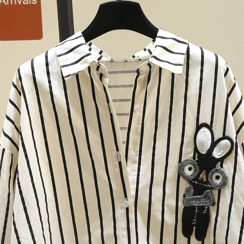 High-end mid-length black striped shirt for women 2024 spring new Korean loose design shirt tops - EHAORUI