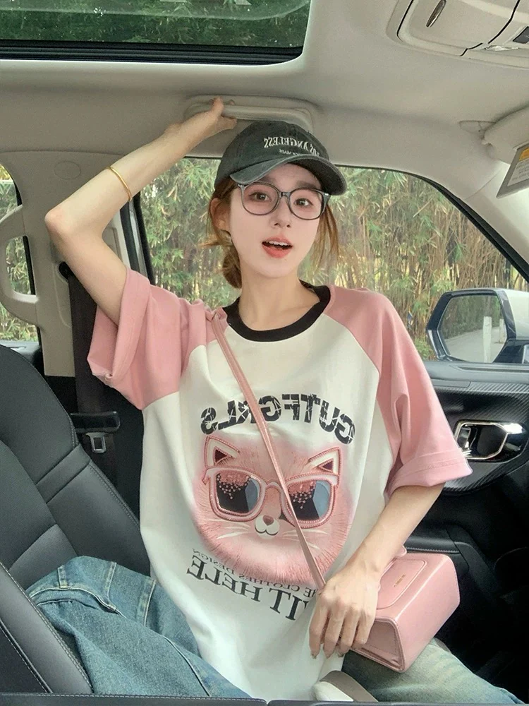 Pink raglan short-sleeved T-shirt for women in summer American loose sequined cat heavy print European goods large version top trend - EHAORUI