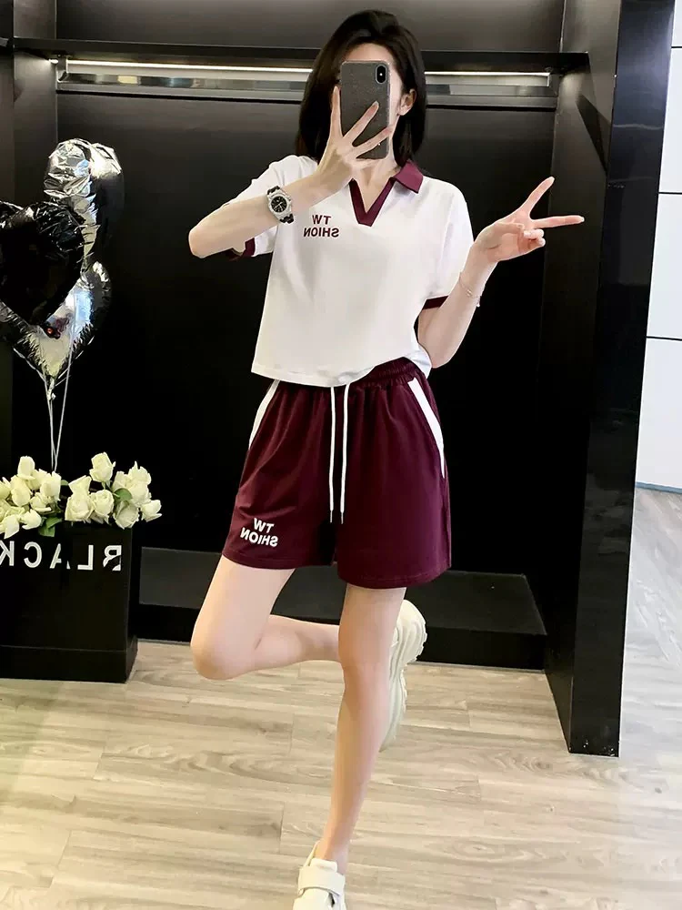 Western style fashion sports suit women summer 2025 Korean version V-neck short-sleeved shorts two-piece suit casual ins trend running - EHAORUI