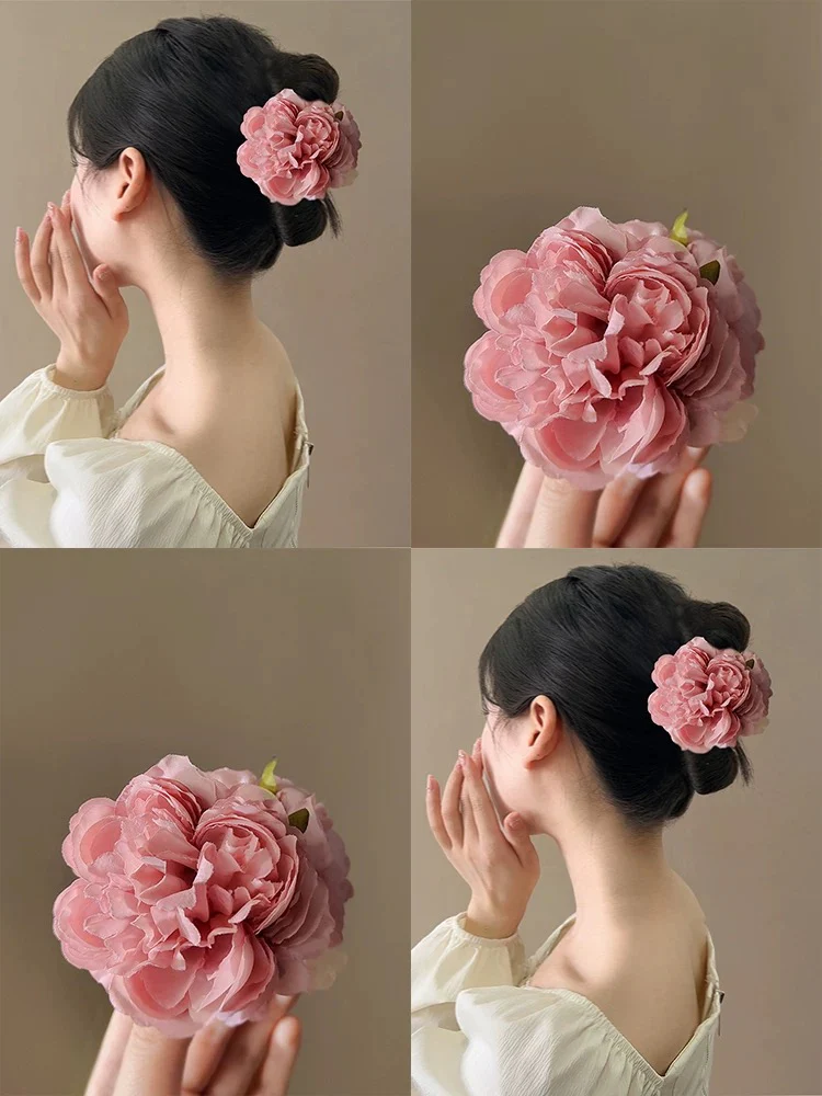 Pink cherry blossoms! Pink peony flower clips! Temperament sweet flower shark clips back of the head hairpins for women - EHAORUI