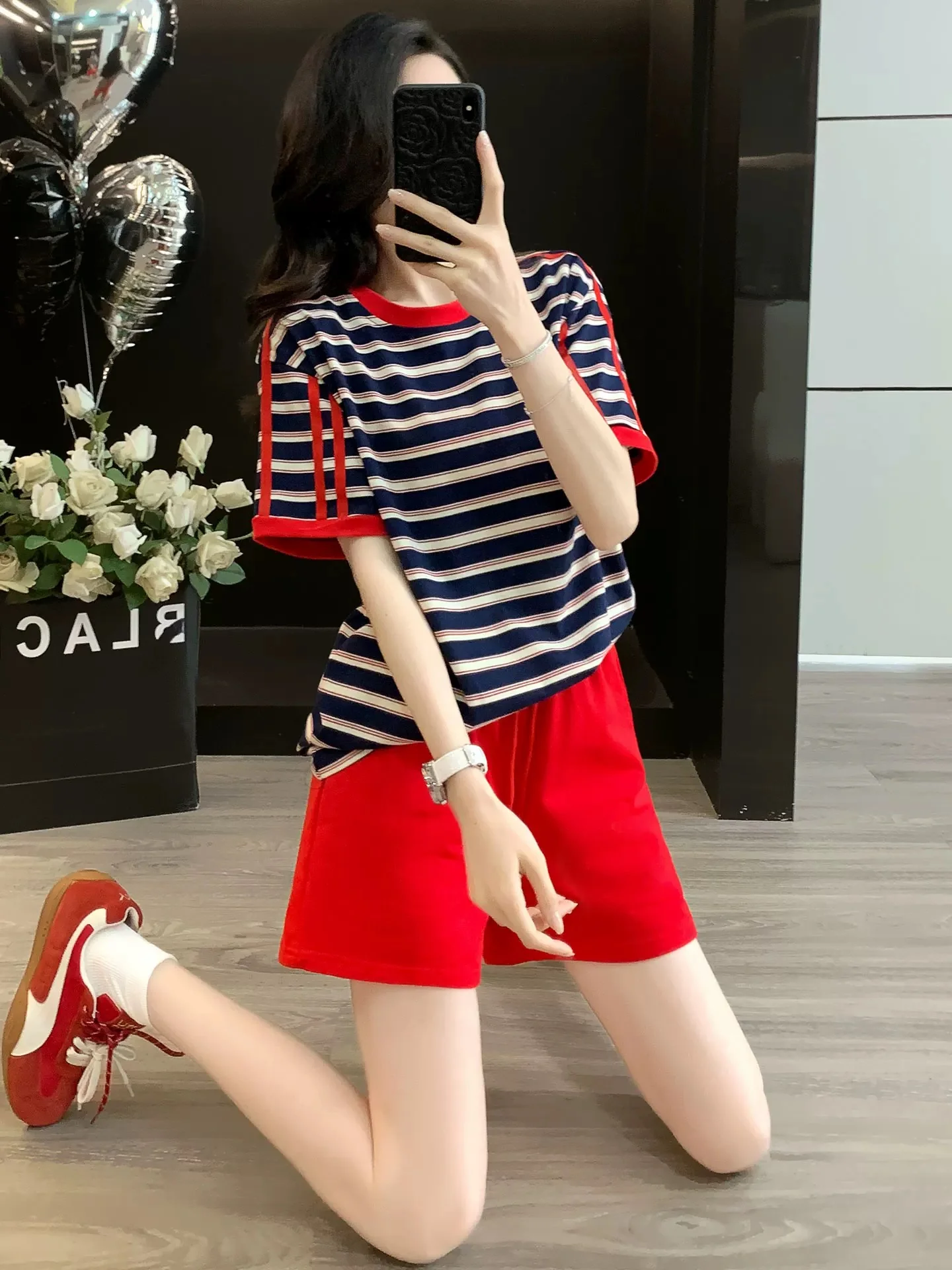 Casual fashion striped short-sleeved sports suit for women summer 2025 shorts two-piece suit loose trendy running to reduce age and make you look thinner - EHAORUI