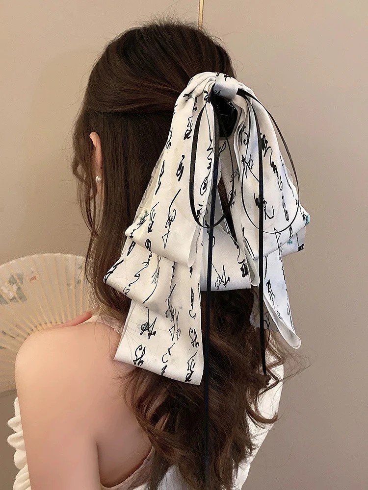 New Chinese style ink painting bow ribbon grabber half-tied hairpin female back of head shark clip ancient style Hanfu headwear - EHAORUI