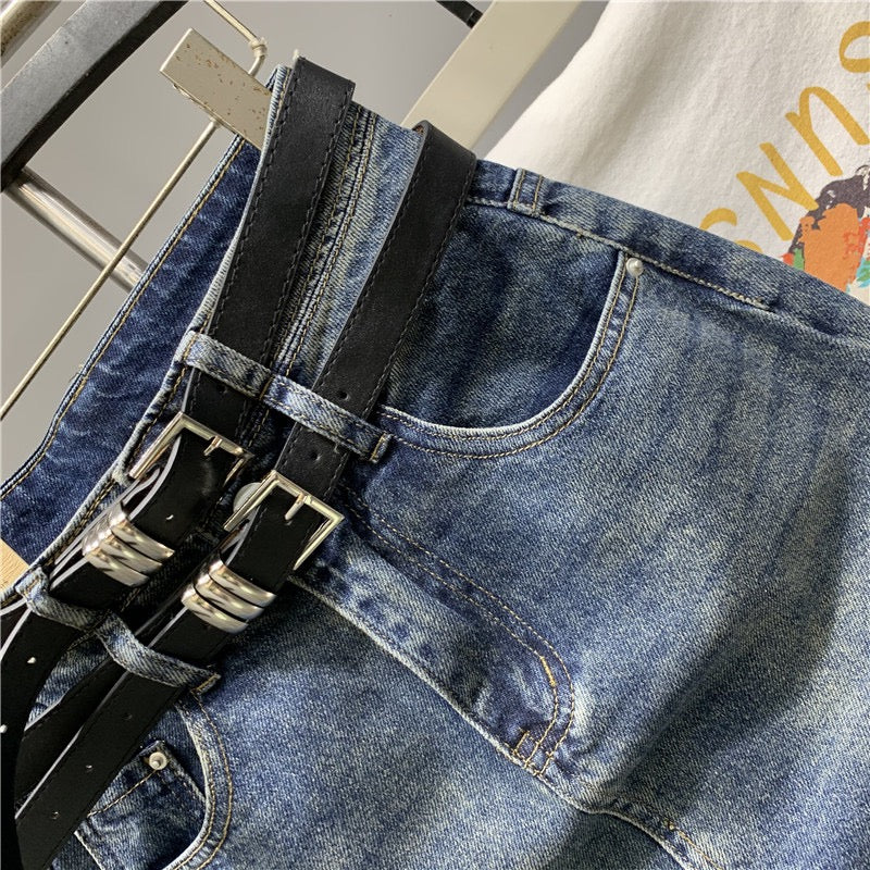 Internet celebrity trend with the same paragraph 2023 early spring new retro hot girl blue double waist denim skirt sexy skirt - EHAORUI