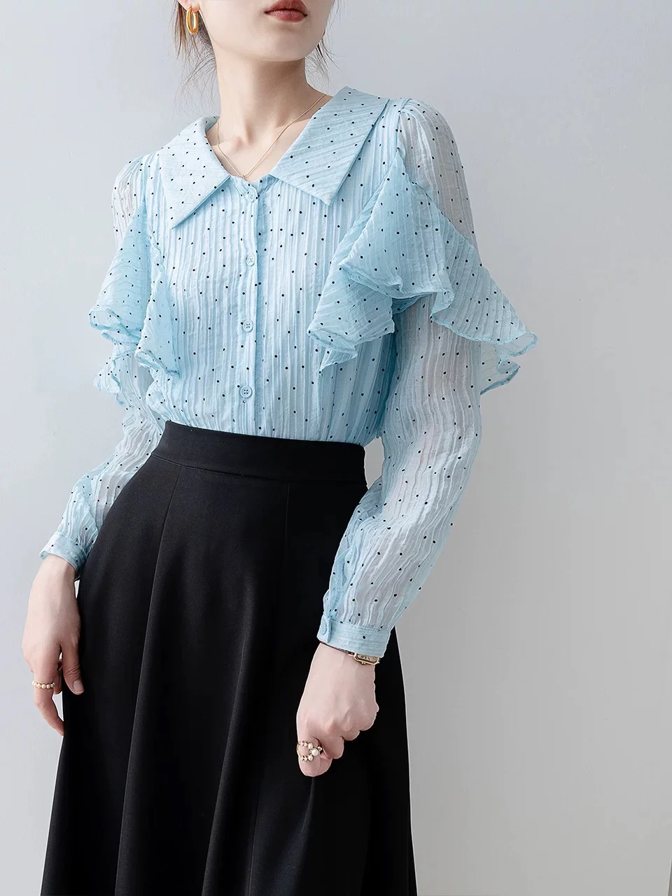 2024 early spring new women's blue polka dot long-sleeved shirt, chic and beautiful small top, ruffled chiffon shirt - EHAORUI