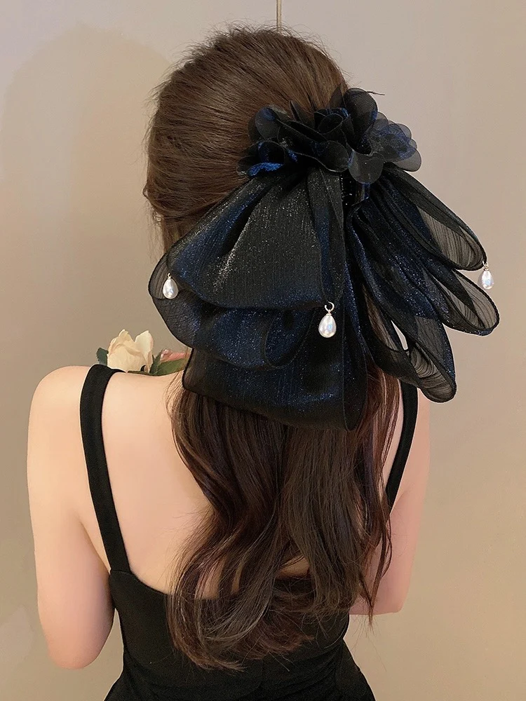 French flower bow clip 2023 new temperament and high-end back head hair clip women's hair accessories half-tied hair clip - EHAORUI