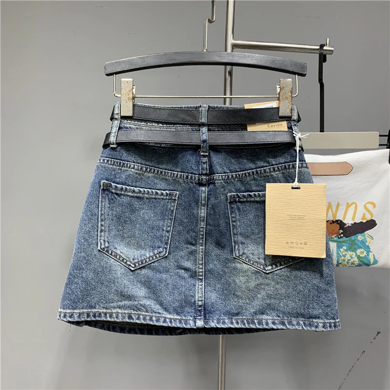 Internet celebrity trend with the same paragraph 2023 early spring new retro hot girl blue double waist denim skirt sexy skirt - EHAORUI