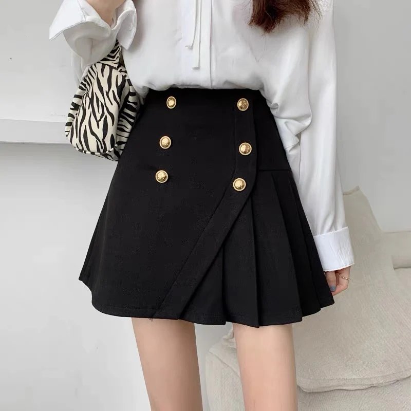 Large size irregular pleated skirt short skirt women's crotch cover carefully machine design sense niche double-breasted pleated skirt - EHAORUI
