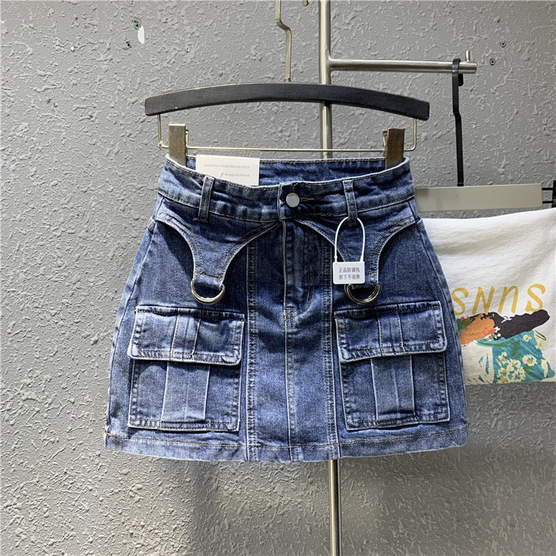 Original European goods 2023 spring new hot girl blue elastic denim bag hip skirt high waist small a-line skirt - EHAORUI