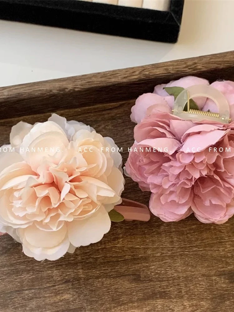 Pink cherry blossoms! Pink peony flower clips! Temperament sweet flower shark clips back of the head hairpins for women - EHAORUI