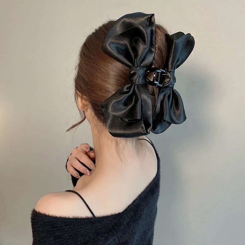 Satin Bow Headband Hair Clip Women's High-End Grab Clip Women's Summer Back of Head Large Shark Clip 2024 New Style - EHAORUI