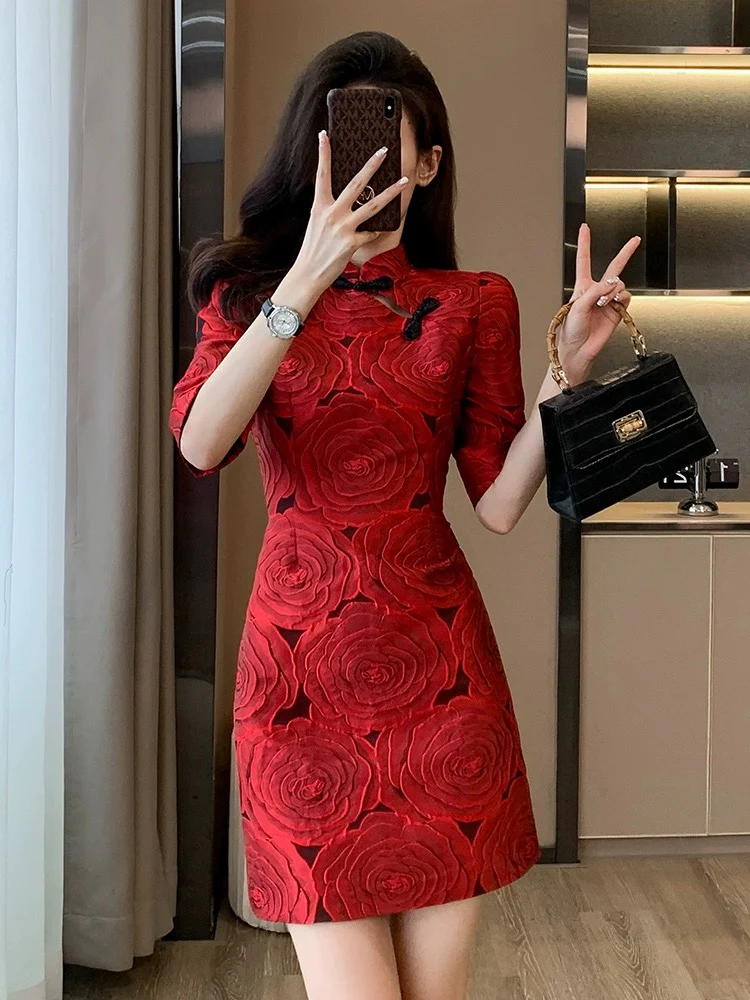 New Chinese style red jacquard dress for women spring 2024 new temperament small improved cheongsam skirt - EHAORUI