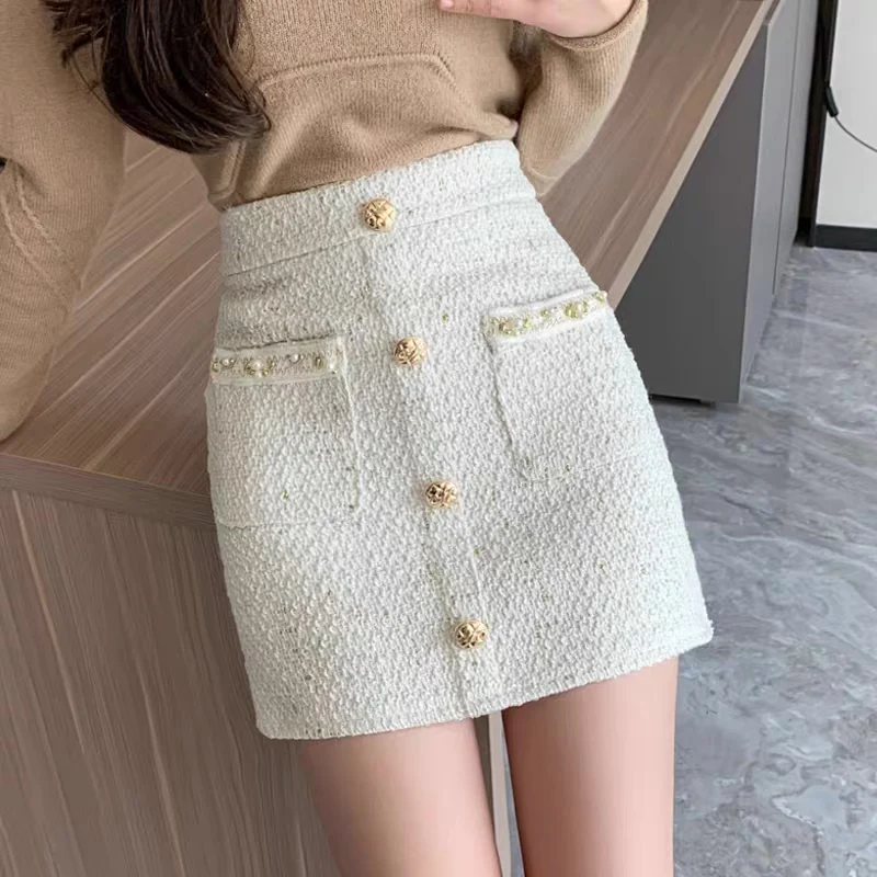 French-style small fragrance temperament bag hip skirt women's autumn and winter new high waist slimming all-match woolen a-line skirt - EHAORUI