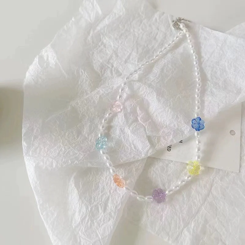 Small rainbow flower necklace ~ sweet girl atmosphere beaded necklace clavicle chain ins style playful and cute necklace jewelry - EHAORUI