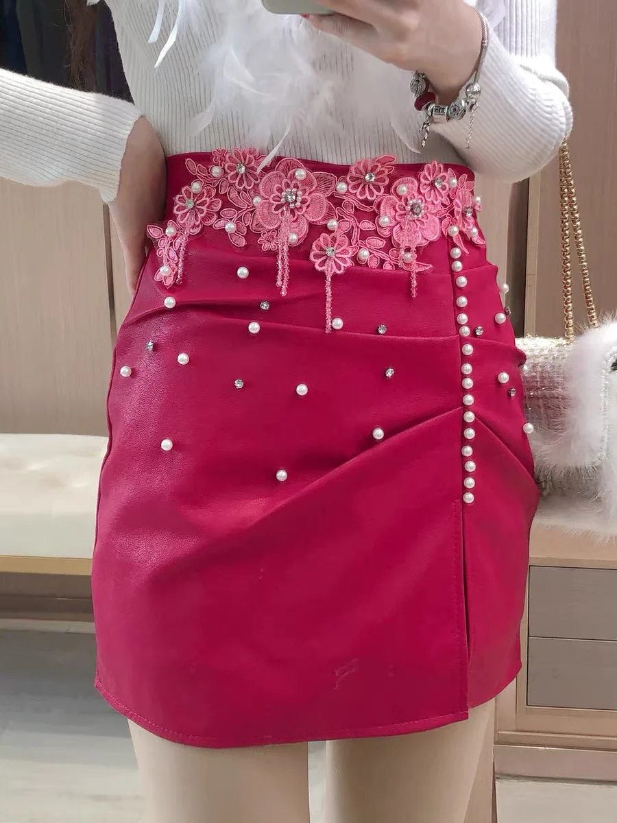 Autumn and winter new sweet temperament heavy industry embroidery flowers high waist beaded fringed pleated split leather skirt women's skirt - EHAORUI
