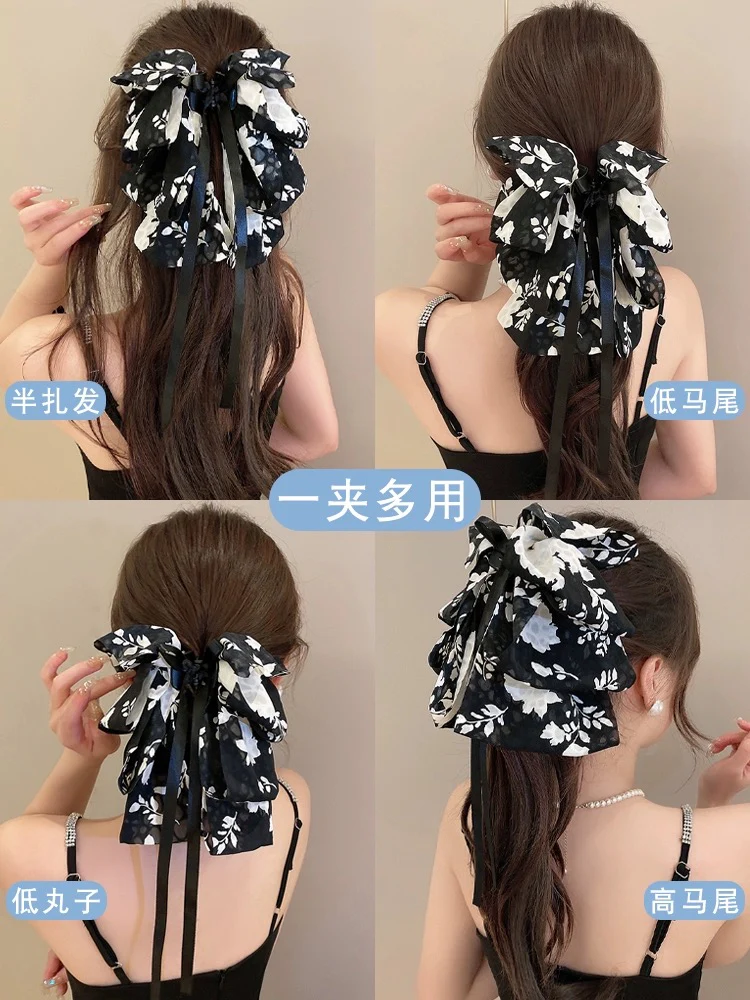 Retro Printed Bow Clip Women's High-Level Elegant Ribbon Hairpin Back of Head 2023 New Korean Style Hair Accessories - EHAORUI