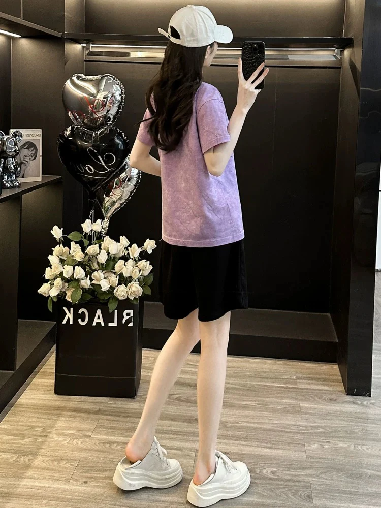 Fashionable and stylish printed short-sleeved suit for women in summer 2025 casual sports shorts two-piece suit loose and slim running clothes - EHAORUI