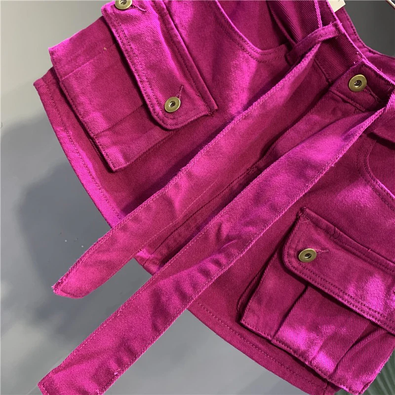 Internet celebrity trend fashion street dragon fruit color denim skirt 22 autumn personality three-dimensional pocket tooling skirt bag hip skirt - EHAORUI