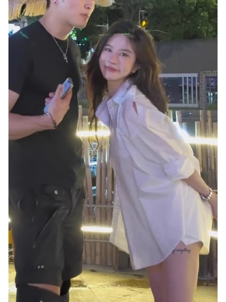 Summer off-shoulder boyfriend white shirt female new spring and autumn design niche loose long-sleeved sun protection top thin section - EHAORUI