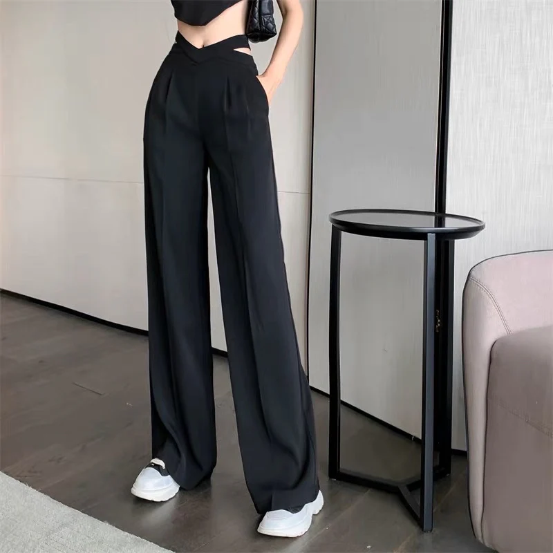 Design sense niche wide-leg suit casual pants women's clothing early autumn mopping trousers black high waist loose drape pants - EHAORUI