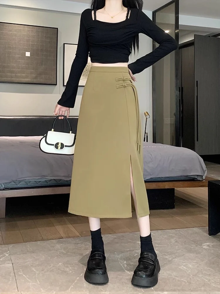 New Chinese-style slit skirt for women spring and summer 2024 new high-waist slim A-line hip-hugging Chinese-style mid-length skirt - EHAORUI
