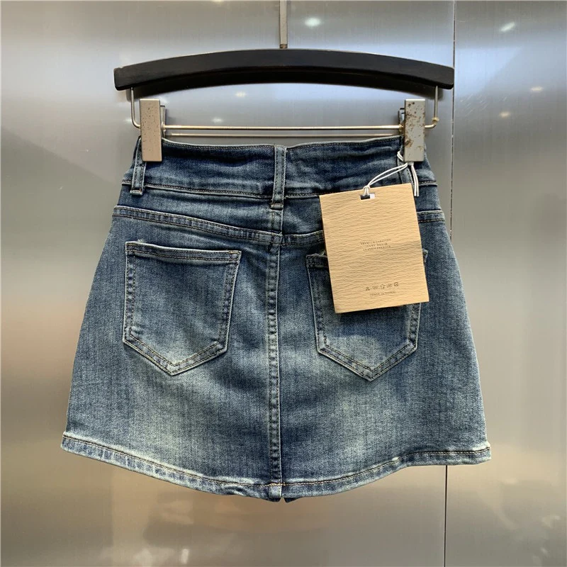 Original trendy brand 2023 early spring new retro blue denim skirt double pocket design hip sexy skirt - EHAORUI