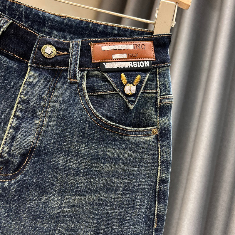 Contrasting color high waist denim skirt women's autumn new style thin all-match rear slit retro high waist bag hip long skirt - EHAORUI