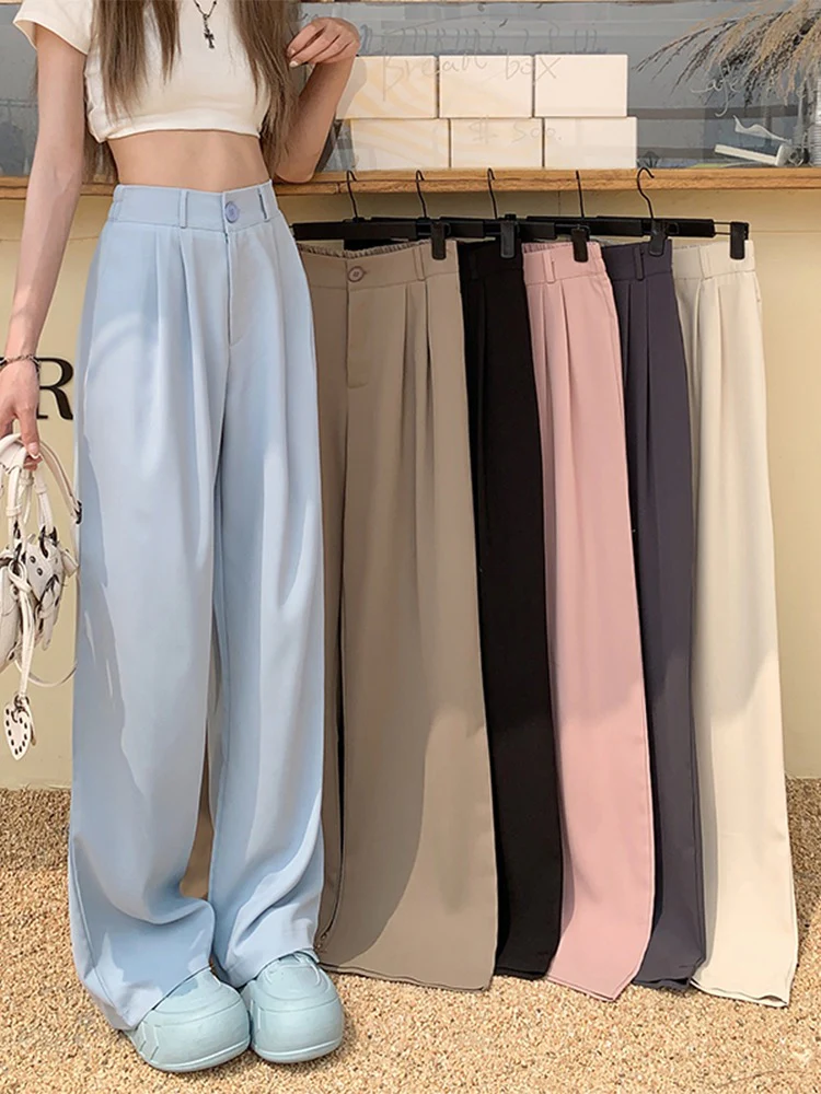Black suit pants elastic waist thin casual pants summer pants loose wide-leg pants women's high waist drape trousers trendy - EHAORUI