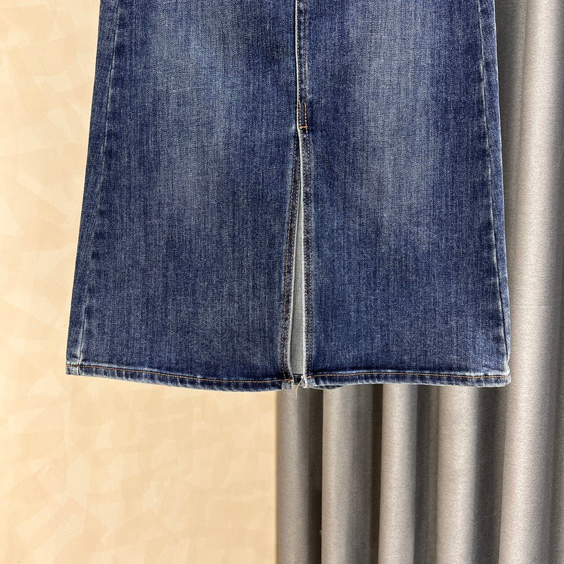 Front slit denim skirt women's 2022 autumn new style thin all-match high waist a-line bag hip dress - EHAORUI