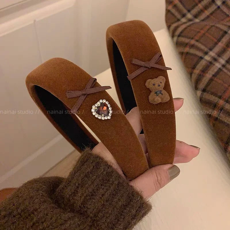 Maillard coffee color hairband ~ sparkling diamond heart + bear bow headband velvet retro French high crown hair accessory - EHAORUI