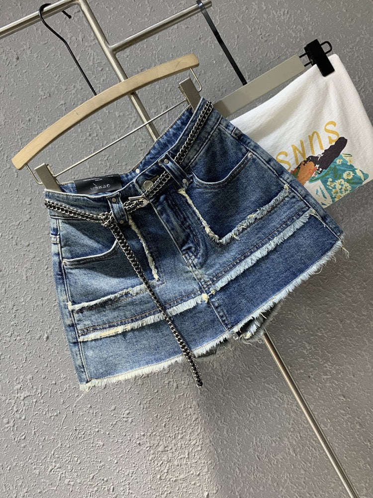 Original trendy brand 2023 spring new raw edge retro hot girl blue denim skirt small a-line half skirt - EHAORUI