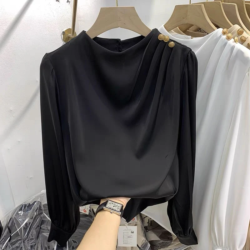 2021 autumn new European goods design sense temperament solid color shoulder nail bead pullover long-sleeved chiffon shirt women's thin shirt - EHAORUI