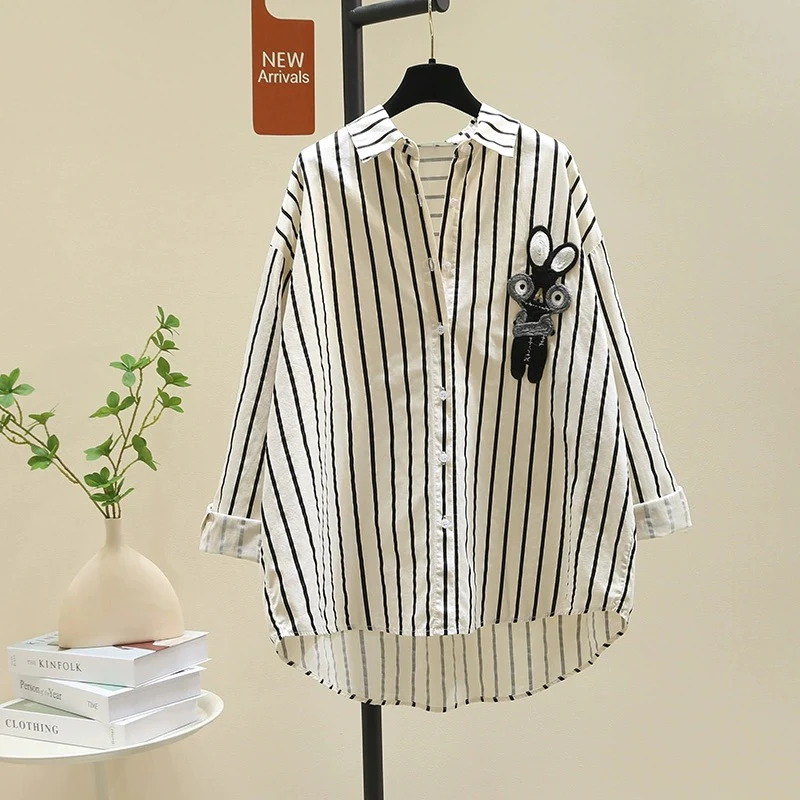 High-end mid-length black striped shirt for women 2024 spring new Korean loose design shirt tops - EHAORUI