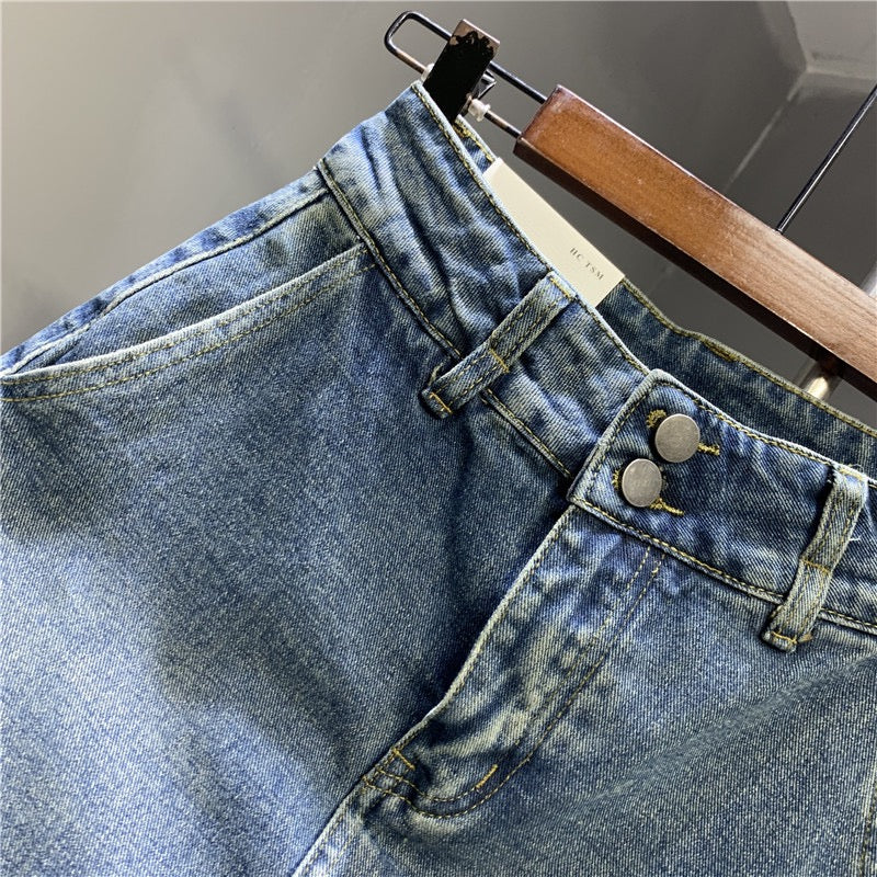 European goods 2023 spring new retro blue denim short skirt double button buckle non-bullet anti-light a-line sexy skirt - EHAORUI