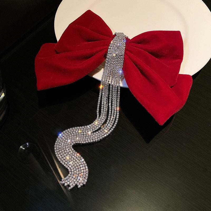 Elegant velvet bow headband hairpin for women autumn and winter Korean top clip tassel sparkling diamond spring clip hairpin hair accessories trendy - EHAORUI