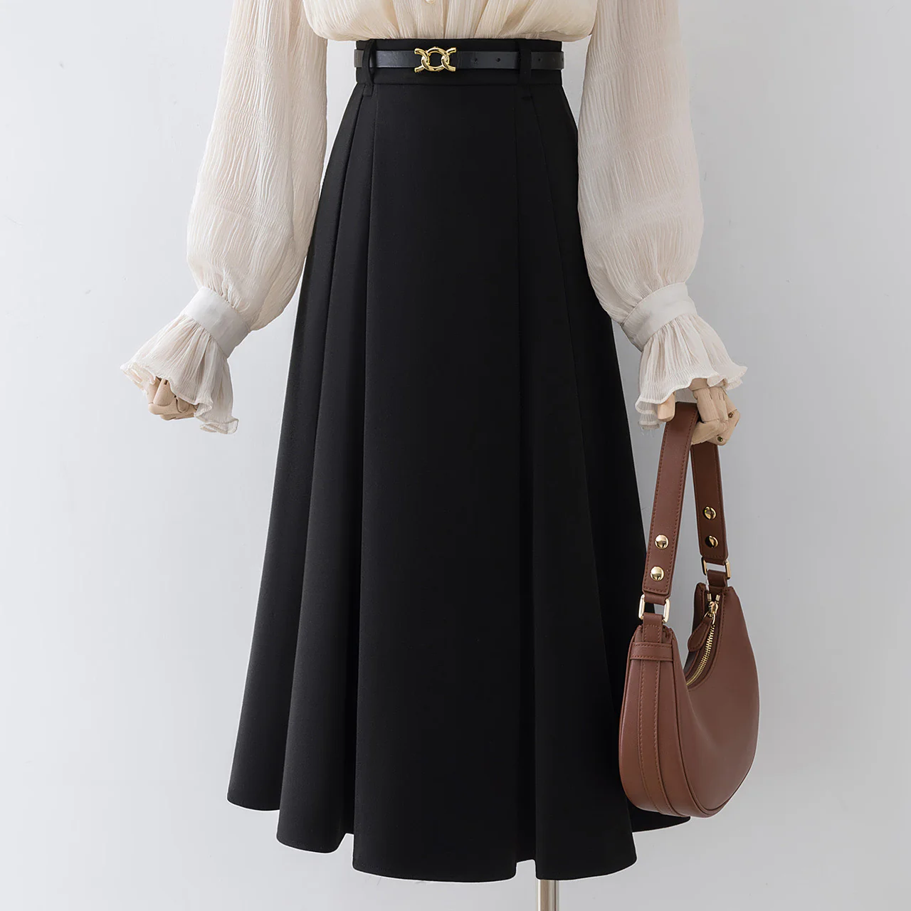Black high waist a-line skirt women's autumn and winter small 2022 new pleated skirt commuting mid-length skirt - EHAORUI