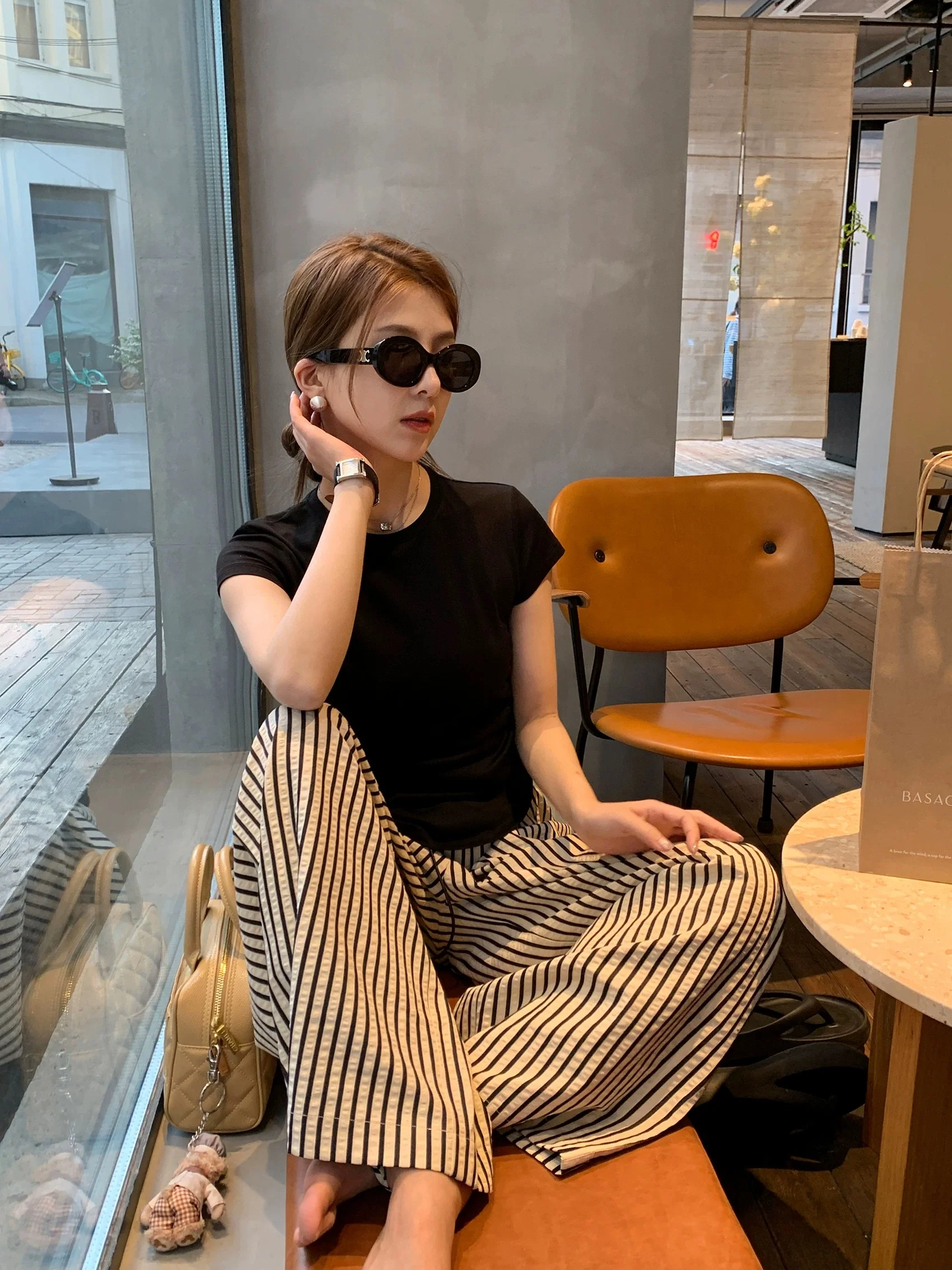 Ayi Lazy Stroll Loose Black and White Striped Pants Women's Summer Straight Pants Yamamoto Pants Casual Wide-leg Pants - EHAORUI