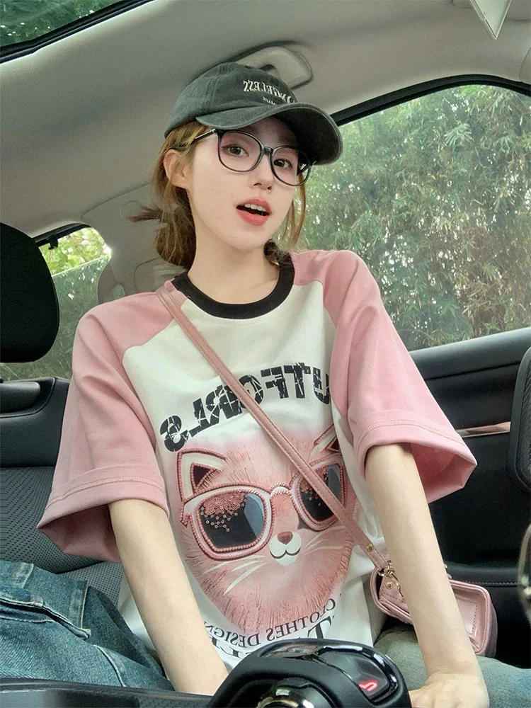 Pink raglan short-sleeved T-shirt for women in summer American loose sequined cat heavy print European goods large version top trend - EHAORUI