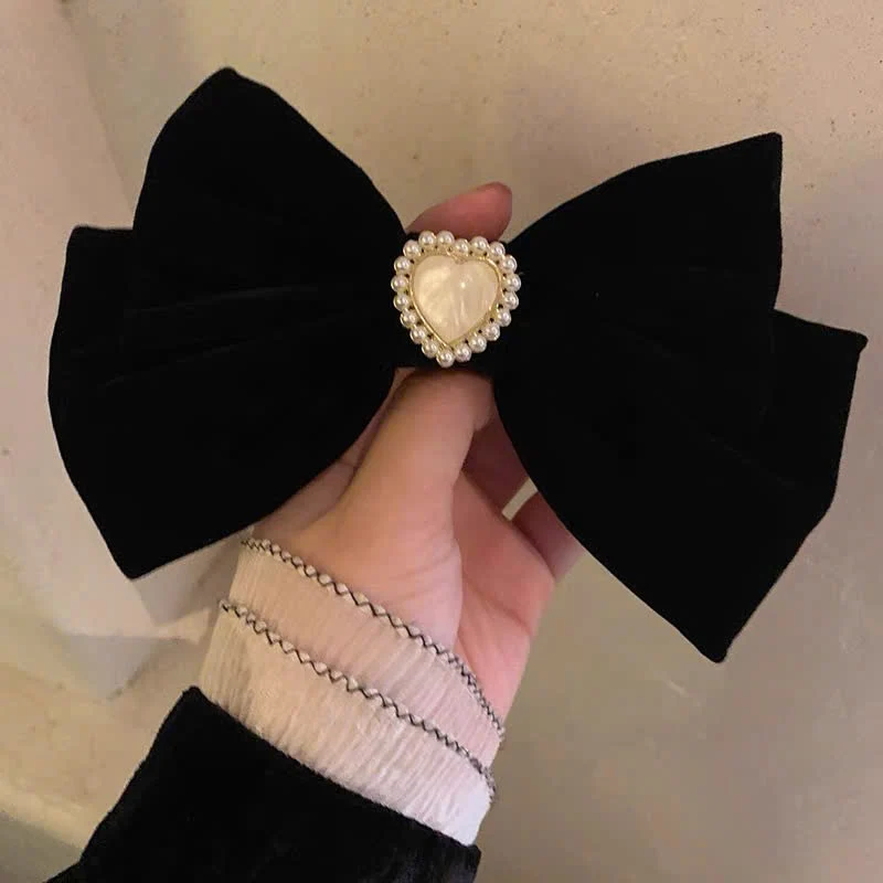 Pearl Love Bow Hair Clip ~ Black Clip High-end Retro French Style Top Clip Hair Accessory - EHAORUI
