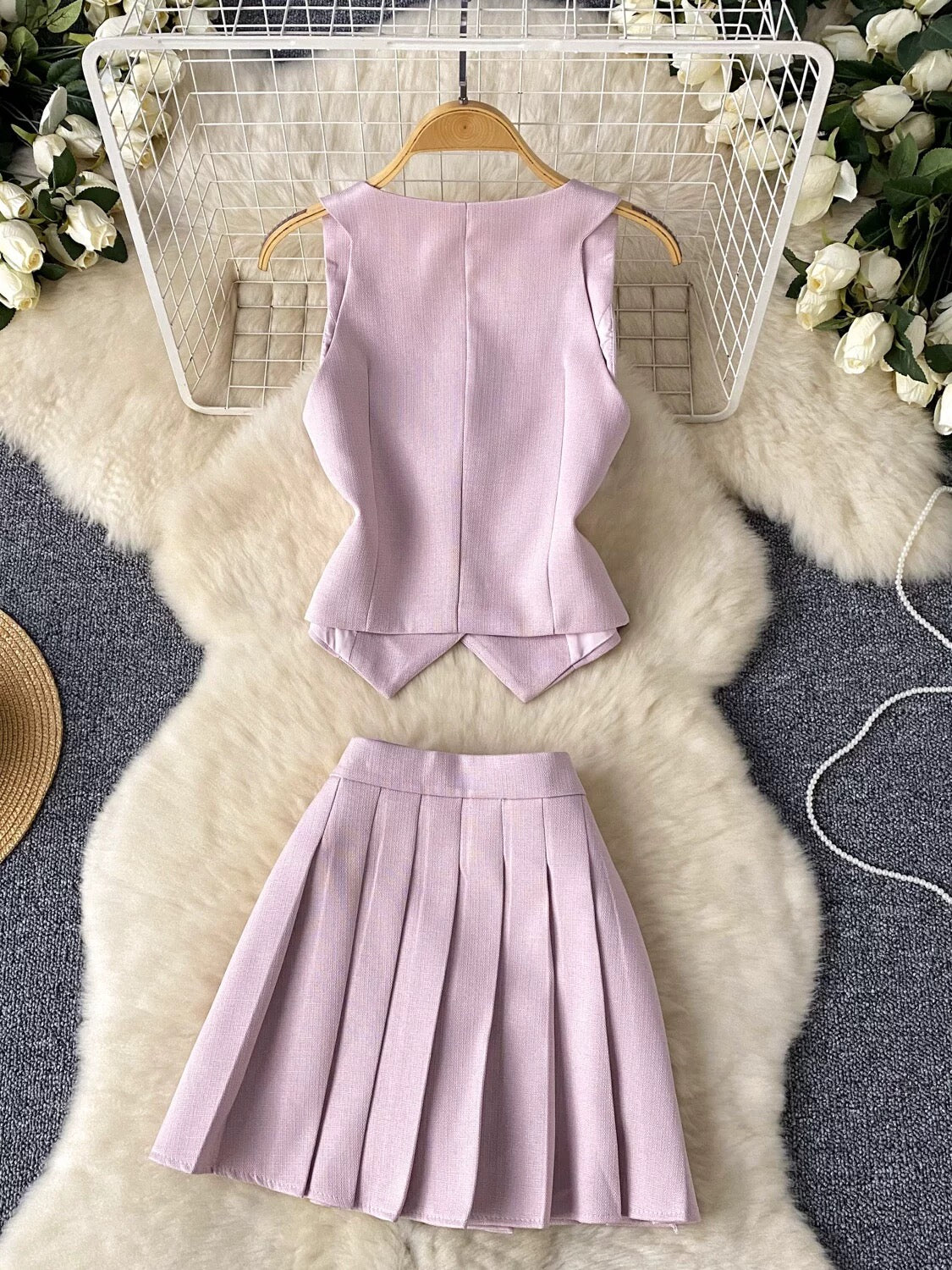 French  style single-breasted versatile slit suit vest + high waist pleated skirt two-piece suit - EHAORUI