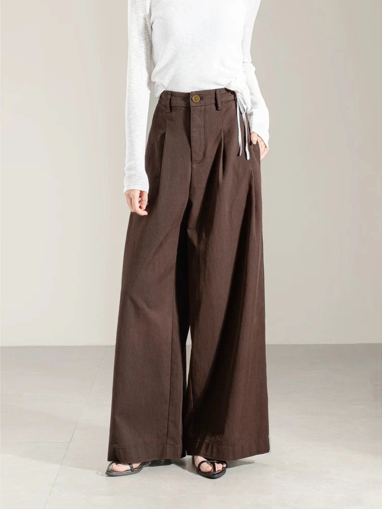 2025 autumn new style temperament retro high waist coffee color wide leg pants trousers women spring and autumn loose slim straight pants - EHAORUI