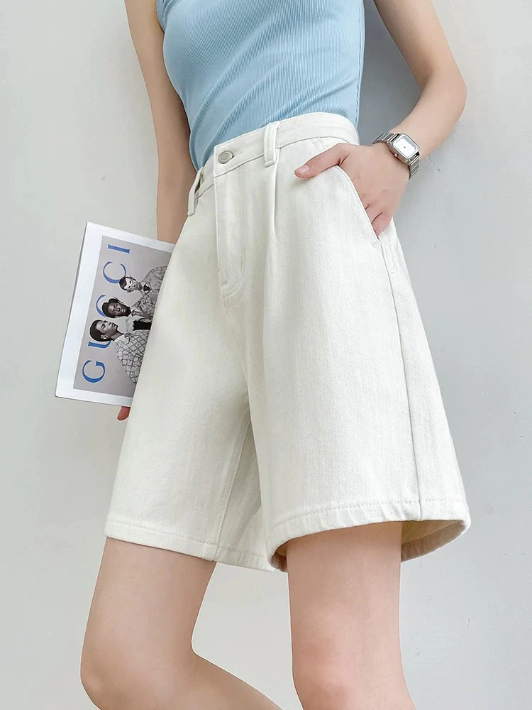 White four-way stretch denim shorts women's summer thin high waist A-line loose slim wide leg loose five-point pants - EHAORUI