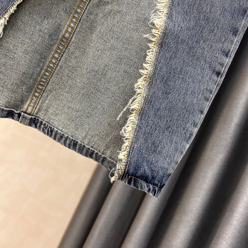 Cotton denim skirt female 2022 new temperament thin all-match splicing raw edge slit high waist bag hip dress - EHAORUI