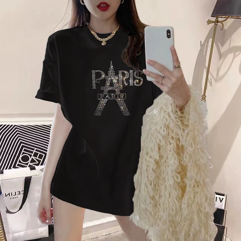 2023 new summer dress black t-shirt women hot diamond big love loose pure mid-length round neck short-sleeved top ins tide - EHAORUI