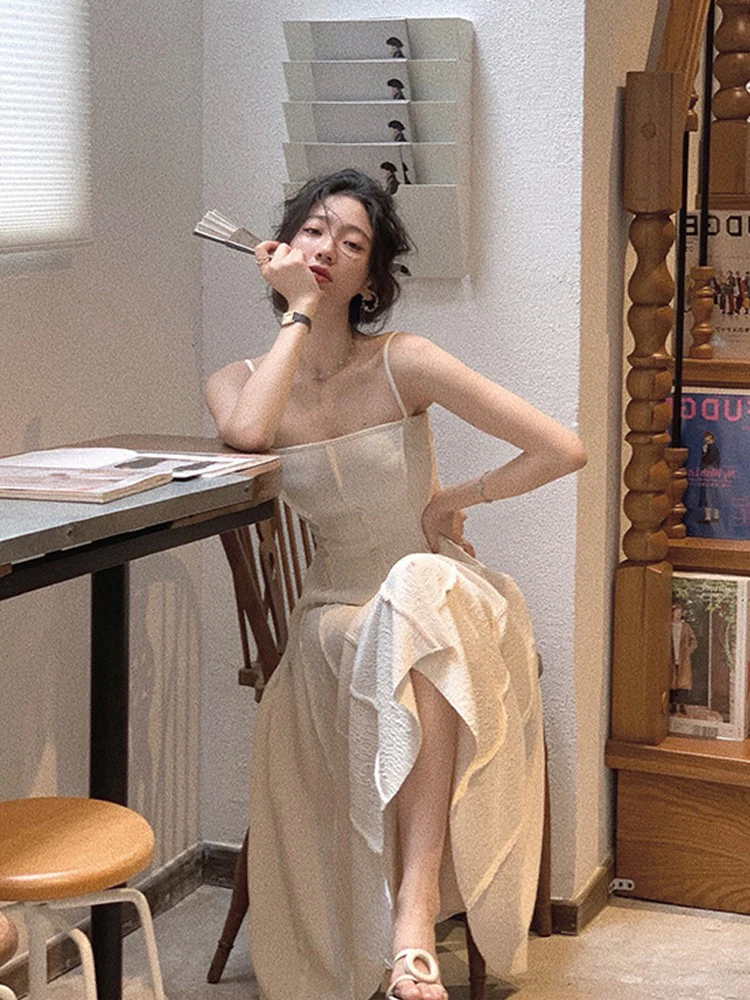 White sling dress women's summer 2023 new tea break French temperament waist slimming long skirt - EHAORUI