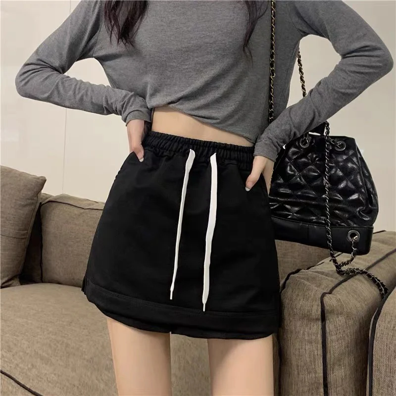 Casual shorts women's summer fake two-piece design elastic waist all-match hakama loose high waist thin wide leg pants - EHAORUI
