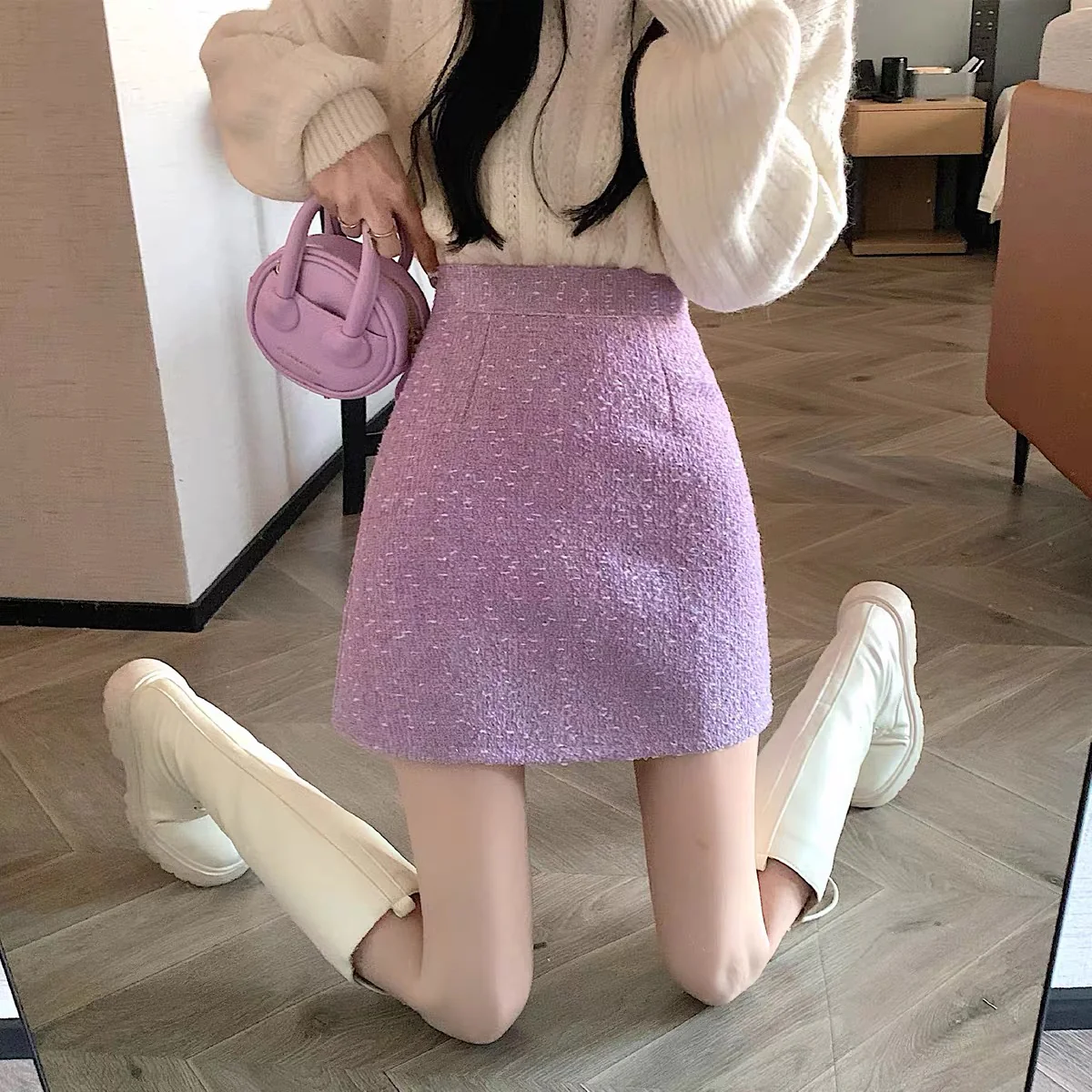 Autumn and winter with sweater skirt femininity celebrity small fragrance bag hip skirt small high waist a-line short skirt - EHAORUI
